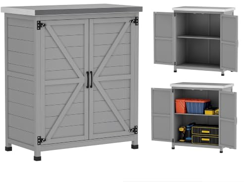 Outsunny Armadio da Esterno con Ripiano Interno 79x43x92 cm Grigio | Banco da Lavoro Superiore in Acciaio Zincato, Armadio da Giardino in Legno di Abete, per Cortile e Balcone