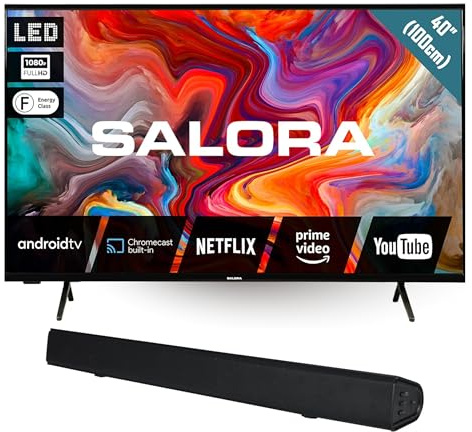 SALORA 40 Zoll Smart TV Full HD LED Fernseher mit Android TV & 2.1 SBO680 Soundbar 80W – HDR10, WLAN, Bluetooth, 3X HDMI ARC – Heimkino Set mit integriertem Subwoofer