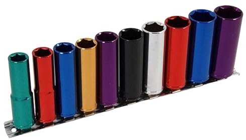 Dapetz ® 10 Piece Deep Socket Set 13-24mm, 1/2 Drive Multi-Coloured Long Reach Deep Socket Set with Plus Wall Rail Chrome Vanadium Steel Sockets Workshop Garage Tools