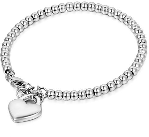 Flongo Bracciale Cuore da Donna Portafortuna: Braccialetto di Fascino con Pendente Ciondolo Cuore in Acciaio Inossidabile Colore Argento Idee Regalo per Mamma Ragazza