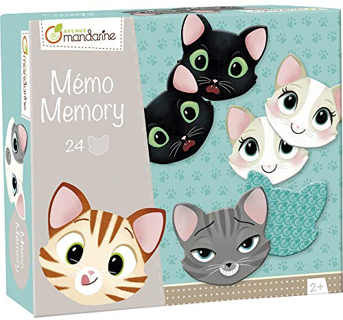 Avenue Mandarine JE505O Memory Domino (mit 24 Karten aus Karton, ideal für die Motorik Ihres Kindes, ab 2 Jahren geeignet) 1 Pack Katzengesichtern