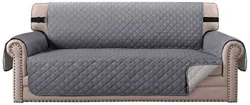 Sofa Cover Reversible Couch Schonbezug Möbelschutz, 2 Zoll breiter, elastischer Riemen, Maschinenwäsche, Schonbezug für Haustiere, Hunde, Kinder (3-Sitzer/Sofa: Grau/Beige)