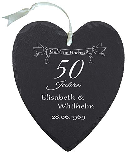 Geschenke 24 Schieferherz – Goldene Hochzeit (Natur): persönliches Schiefer Herz mit Namen Gravur und Datum – Geschenkidee 50 Jahre Ehe, 50. Hochzeitstag, Goldhochzeit