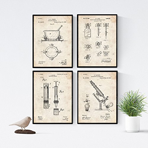 Nacnic Vintage Apotheke Patent Poster 4-er Set. Vintage Stil Wanddekoration Abbildung von Medizingeräte und Gesundheit. Verschiedene geometrische Alte Erfindungen Bilder ohne Rahmen. Größe A4.