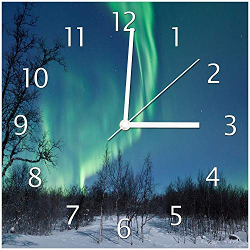 Wallario Design-Wanduhr Polarlicht in Schweden aus Glas, Motiv-Uhr Größe 30 x 30 cm, weiße Zeiger