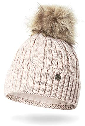 HEYO Damen Wintermütze mit Fleece Innenband H18527 | Slouch Beanie Winter Mütze | Warme Strickmütze mit Bommel | Bommelmütze (Beige)