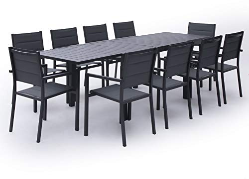Happy Garden Salon de Jardin Venezia Extensible en textilène Gris 10 Places - Aluminium Anthracite