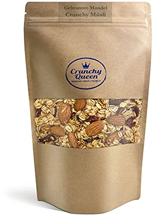 Crunchy Queen Gebrannte Mandel Granola Knuspermüsli | Mandel & Cranberries | Handgemacht | Crunchy Topping für Smoothiebowl & Müsli | vegan | Müsli ohne Zucker | 100% natürlich | (340g)