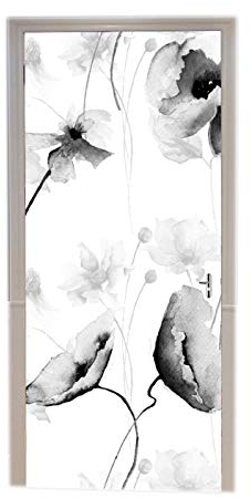 A.Monamour Sticker Porte Autocollant Poster de Porte 3D Aquarelle Fleurs Floral Monochrome Fond Noir Et Blanc Vinyle Affiche de Porte Sticker Mural Papier Peint Art Décor 77 x 200 cm
