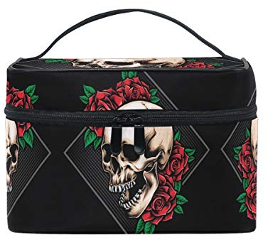 Wut Schädel Rote Rosen Kosmetiktasche Organizer Reißverschluss Make up Taschen Kulturbeutel Waschtasche für Damen Mädchen Frauen