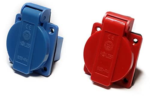 HOLZER 8 Stück/Einbausteckdose Schuko Anbau Steckdose 16A Feuchtraum / PA6 / + Flansch Dichtung (4xBlau / 4xRot)
