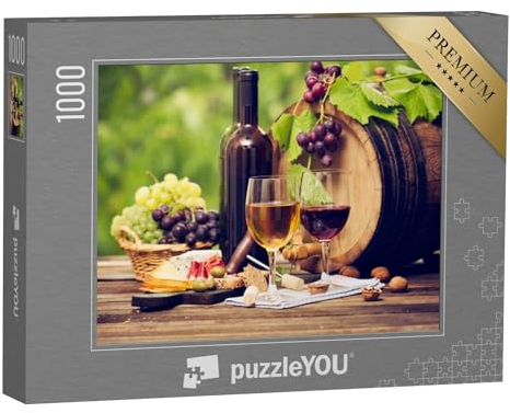 puzzleYOU: Puzzle 1000 Teile „Wein und Käse auf einem Holztisch, Weinfass, Gläser, Flaschen“ – aus der Puzzle-Kollektion Wein