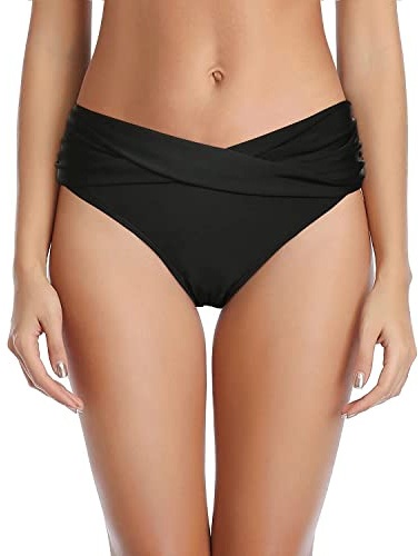 Tempt Me Women Black Twist Bikini Bottom Moderate High Cut Bathing Suit Bottoms Ruched Swimsuit Bottom L