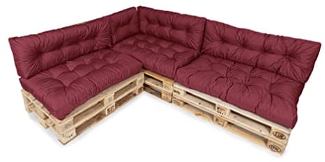 TexDeko® Garden Palettenkissen 120x80x18cm wasserabweisend UV - beständig In- & Outdoor Premium Sitzkissen gesteppt Palettenauflage für Europaletten (7-TLG Set, Bordeaux)