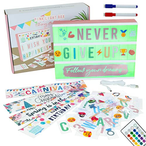 Light Box Rosegold A4 16 Farben mit 400 Buchstaben und Emojis, 10 Premium Karten, Fernbedienung, 2 Stifte - BONNYCO | Ä Ö Ü ß | Lichtbox Led mit Buchstaben, Geschenke für Frauen and Mädchen