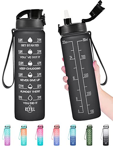 Enerbone 907 ml Wasserflasche, auslaufsicher, BPA- & schadstofffrei, motivierende Wasserflasche mit Zeit zum Trinken und Strohhalm, Outdoor-Sport, schwarz matt