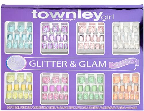 Townley Girl Lot de 96 ongles à presser, paillettes et glamour, 8 ensembles différents de mélange et d'assortiment, ongles artificiels auto-adhésifs pour adultes