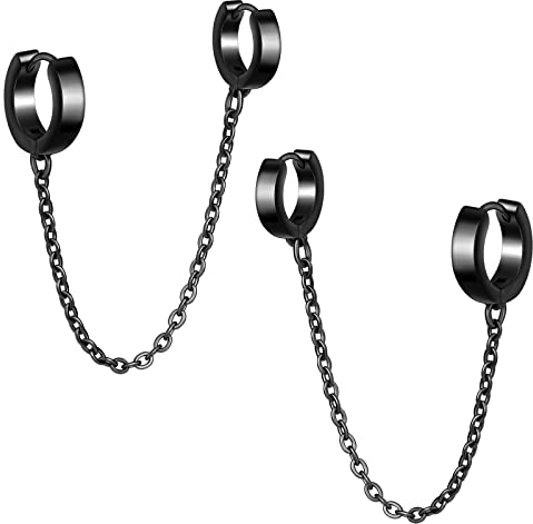 feilok Edelstahl Damen Herren Creolen Ohrringe Herren Ohrschmuck Ohrringe Männer Creolen Ring Ohrstecker Rund mit Kette schwarz