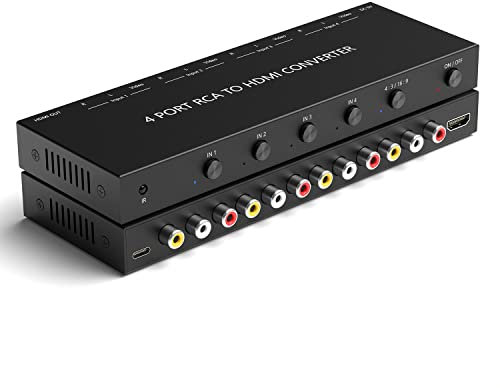 4 Port RCA to HDMI Converter 1080P/720P RCA Composite CVBS AV Switch to HDMI Converter Adapter Support 4:3/16:9 Switch, for Sega Xbox PS1 PS2 PS3 N64 NGC SNES WII VHS VCR Camera DVD(With Remote)