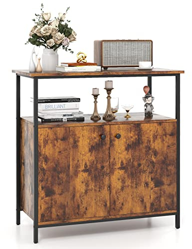 COSTWAY Industrial Storage Cabinet, 2-Door Wooden Buffet Sideboard with Open Shelf, 3 Internal Shelves & Adjustable Foot Pads, Display Organiser Pantry Cupboard for Kitchen Dining Living Room