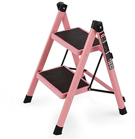 OURECO 2 Step Ladder, Folding Step Stool 3 Step, Lightweight 4 Step Stool Multi-Use for Household and Office, Wide Anti-Slip Pedal - 550Lbs Capacity Aluminum Step Ladders/Pink/2 Step Ladder