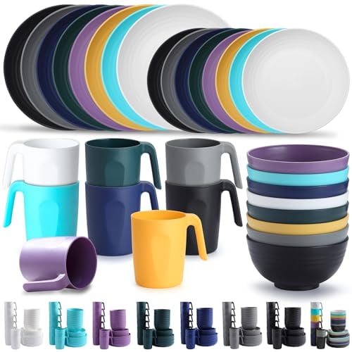 Kyraton Cubiertos de plástico Juegos de 32 piezas, reutilizables Platos ligeros Tazas Cuencos Platos Fácil de llevar y limpiar Microondas Seguro BPA Lavavajillas seguro Servicio seguro para 8