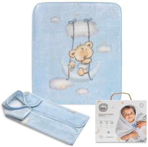 Neugeborenen- Babyschlafsack 3-In-1-Wickeldecke mit Kapuze -Osito Nube Blau · Kleinkind Warmer Dicker Kinderwagen-Schlafsack Weiche Strickdecke · 80x90 cm · INTERBABY