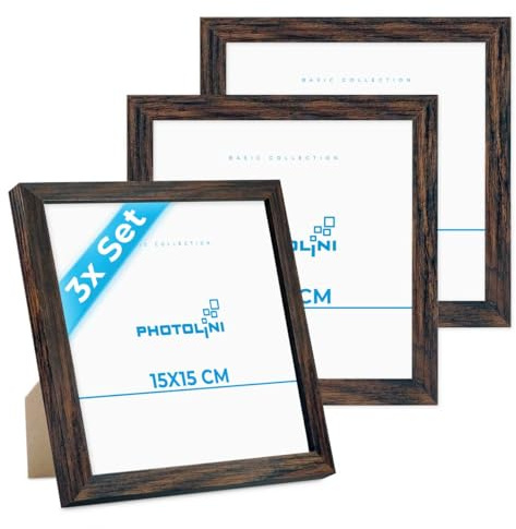 PHOTOLINI Bilderrahmen 15x15 Eiche Dunkel aus MDF-Holz, 3er Set Poster-Rahmen, bruchsicheres Acrylglas, zum Aufhängen & Aufstellen, extra Zubehör - für Fotos & Poster