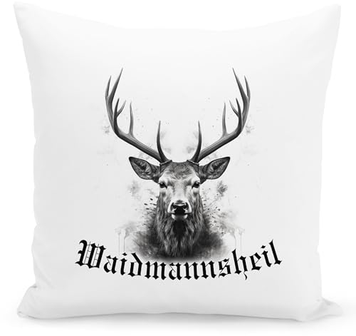 Hirsch Deko Kissen mit Hirschmotiv Waidmannsheil Dekokissen Jäger Geschenk Hirschgeweih Deko Hirschkopf Kissen Zierkissen Couchkissen 40x40 cm inkl. Füllung und Bezug