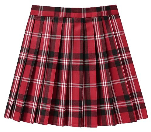 Damen Rock High Waist A Linie Minirock mit Plaid Gothic Rock Frauen Mädchen Kurze Tennis Schule Rock Faltenrock Kariert Plaid Rock Plissee Minirock Gothic Skirt mit Shorts (Red #1, M)