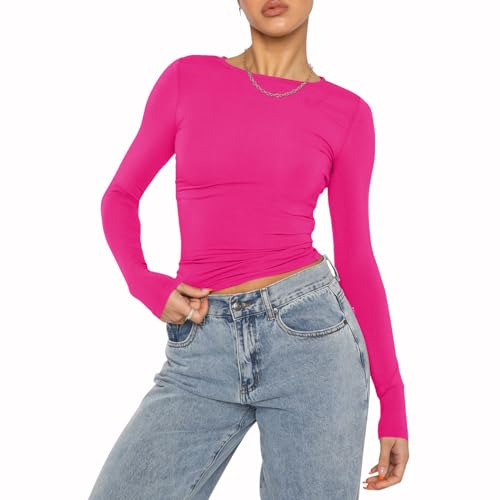 OYIGELZ Damen Langarmshirt Rundhals Slim Fit Y2K Oberteile Basic Crop Tops Casual Streetwear t Shirt(Rosa-06,M)