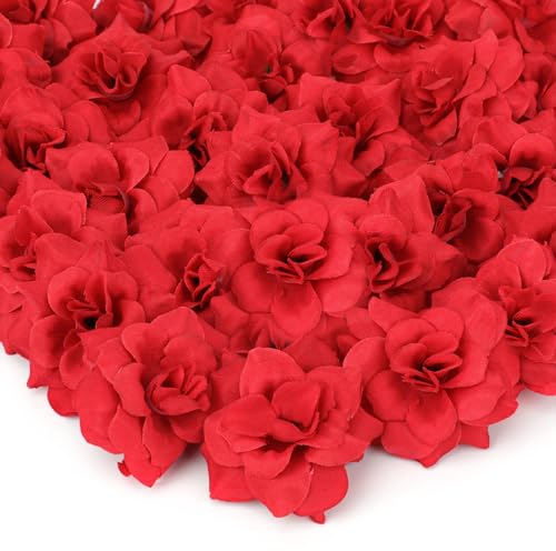 MWOOT 50 Pezzi Teste di Rosa Artificiale, Rosso Rose Finte, Rose di Seta Fiori Artificiali Piccoli per Matrimonio Bouquet Da Sposa Festa San Valentino Decorazione, 4.5CM Capolini Finti Fai Da Te