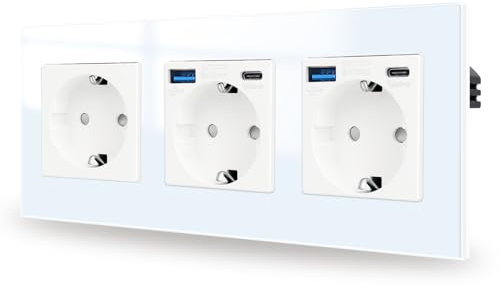 JIMEIDA 3-Steckdose mit USB 20W Weiß Unterputz,16Amp Glas Steckdosen mit USB A und Type C,228 * 86mm,250V