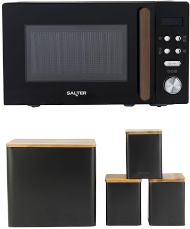 Salter COMBO-9197 Toronto Digital Microwave & Storage Canister Set – 20 L Capacity, 95-Minute Timer, Defrost, 25.5cm Glass Turntable, Bread Bin, Tea, Coffee, Sugar Jars, Acacia Wood, Black