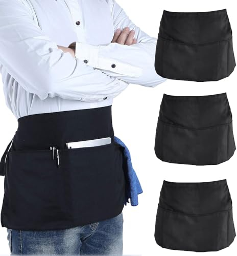 NAROSEBE 3 Stücke Kellnerschürze Kurz Kellner Vorbinder Schürze Schwarz Taillenschürze Kochschürze Küchenschürze Herren Damen Halbe Schürze Kurz mit 3 Taschen Bäckerschürzen für Kochen Basteln Backen