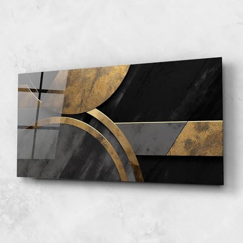 ARTHUB® Glasbild 60x150 cm, 4mm ESG | Moderne Wandbilder aus Glas für Wohnzimmer & Schlafzimmer, Wanddekoration, Wohnkultur, Abstrakte, Grey With Gold Painting