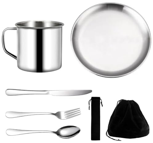 Camping 1 Personne - 7 Pièces Vaisselle Camping, Camping Accessoires, en Acier Inoxydable Gobelet Léger Réutilisable, Assiettes et Couverts avec Sac Noir Couverts Camping pour Bivouac Randonnée