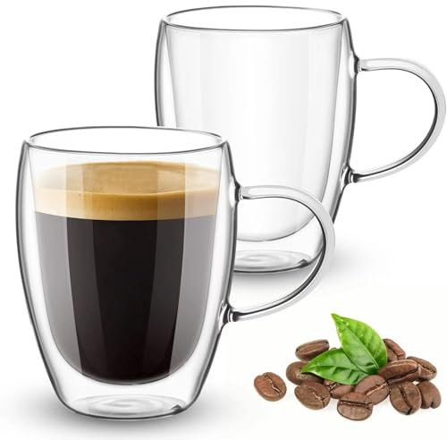 Ulrikco 350ML Double Walled Glass Coffee Mugs, Clear Cappuccino Mug Set of 2, Double Insulated Glass Coffee Mugs with Handle, Clear Borosilicate Glass Mugs, Espresso Mug Cups for Hot/Cold Drinks
