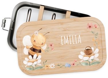 Bärenfreunde® - Personalisierte Brotdose für Kinder mit Spezial-Druck - Robuste Edelstahl Brotdose - Personalisierte Geschenke für Kinder & Erwachsene (Bienen Blumen,klein Edelstahl)