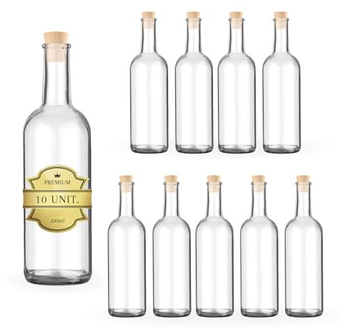 Espirito Rebelde 10x Bouteilles en Verre 200ml avec Bouchon en Liège - Bouteille pour Vin, Liqueur, Whiskey, Rhum - Idéales pour Souvenirs