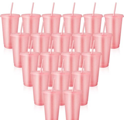 ASMIZ 24 Pcs Pink Reusable Cups with Lids and Straws, 24 oz Plastic Glitter Cold Drinks Tumbler Bulk, Coloured Iced Coffee Cup Travel Mug for Smoothie, Juices, Birthdays, Flamingo Party (Light Pink)