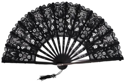 Anlising Hand Fan Black Lace, Hand Fan Made of Black Lace, Lace Fan with Tassel, Vintage, Fan with Lace, Hand Fan Lace, Vintage Lace Fan, for Wedding, Carnival, Party (Black)