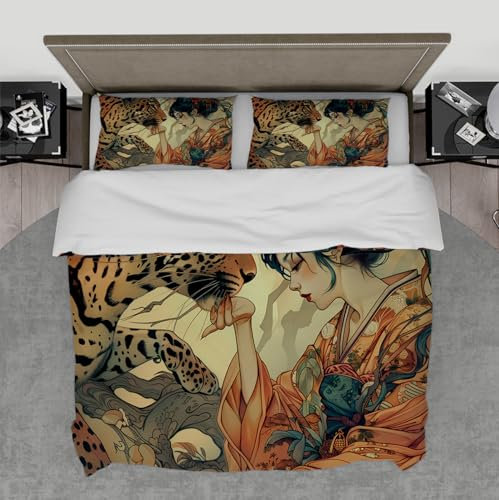MOKOSAISE Oriental Aesthetic Duvet Cover Set 3 Pieces Beautiful Girl and Leopard Portrait Cozy Bedding Set with 2 Pillow Shams Zipper & 4 Ties Single XL