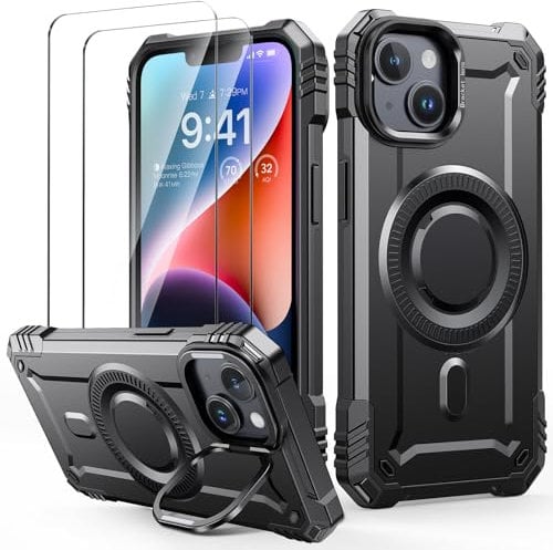 Lanhiem für iPhone 13 Hülle, für iPhone 14 Hülle mit 2 Stück Panzer Glas Kompatibel mit MagSafe, Kamera Ständer Magnetisch Handyhülle für iPhone 13/14 Schutzhülle Stoßfest Militärschutz Case, Schwarz