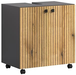 trendteam smart living - PureBliss - Waschbeckenunterschrank auf Rollen - Anthrazit/Evoke Eiche - Rillenoptik - 1 Einlegeboden - (BxHxT) 60 x 64 x 42cm - edle Metallgriffe