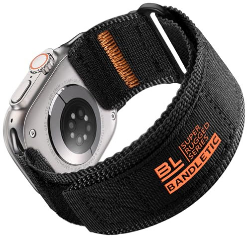 Bandletic Compatible con Correa Apple Watch Ultra/Ultra 2 49mm, Nylon Resistente Suave Sport Loop Banda para iWatch Series 10 46mm, 9/8/7 45mm, SE2/SE/6/5/4 44mm, 3/2/1 42mm para Hombres, Negro