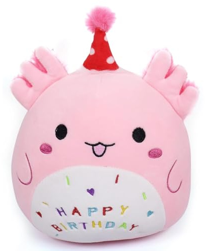 KOIROI Happy Birthday Plüschtier, Axolotl Geburtstag Kuscheltier 23cm, Kawaii Axolotl Kuscheltier Stofftier Mädchen, Weiches Plüsch Plüschkissen Spielzeug, Geburtstag Geschenk für Kinder