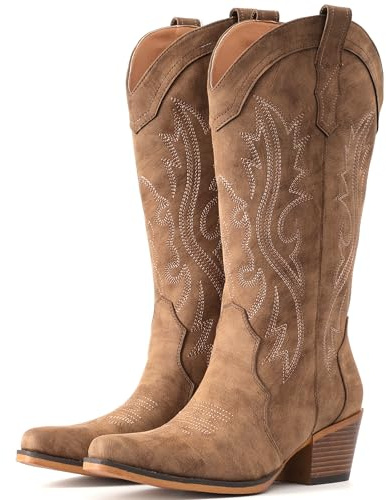IUV Cowboy Boots For Women Western Cowgirl Boots with Chunky Heel Mid Calf Snip Toe Ideal for low insteps