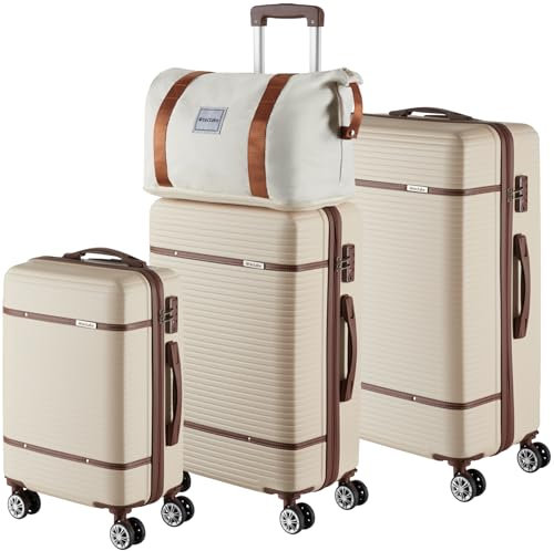 tectake® 13-TLG. Koffer Set mit Reisetasche, Koffer & Trolleys, Reisekoffer mit Rollen, Kofferset mit 3X Koffer groß und Tasche, Hartschalenkoffer mit TSA Schloss - Creme