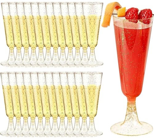 YWKJDDM Sektgläser Kunststoff, 25 Stück Gold Glitte Sektgläser Sektkelch Sektflöten Wiederverwendbare Champagner Gläser für Garten Hochzeitstag Duschen Partys